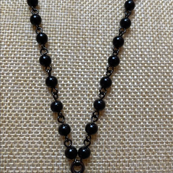 34” Glass Bead Necklace With 3” Black Metal Cross - Picture 3 of 5